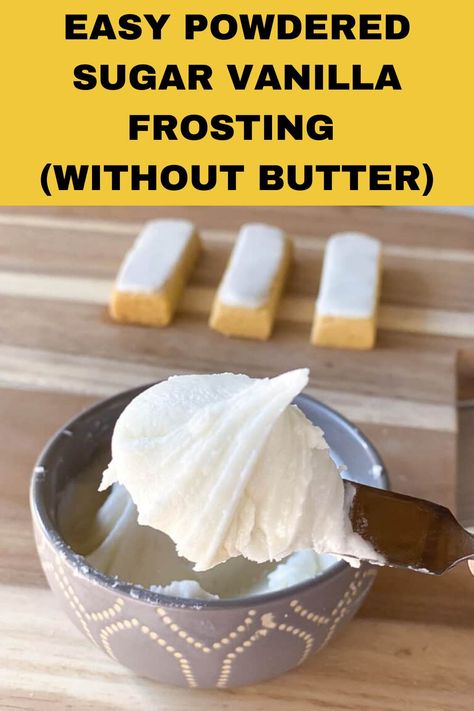 Homemade Frosting No Butter, No Milk Frosting Recipe, No Butter Buttercream Frosting, Easy Vanilla Frosting Simple, Vanilla Frosting For Cookies, No Butter Icing Recipes, Buttercream Without Butter, Cheap Frosting Recipes, Frosting Recipes No Butter