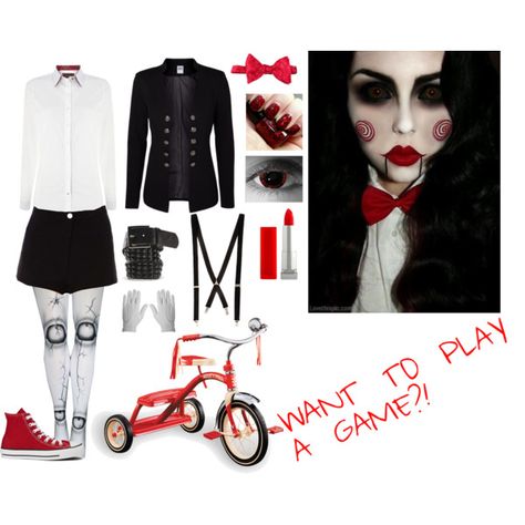 A fashion look from October 2014 featuring Barbour blouses, Vero Moda blazers and Converse sneakers. Browse and shop related looks. Jigsaw Costume Women, Saw Halloween Costume, Saw Costume, Jigsaw Costume, Jigsaw Halloween, Saw Halloween, Meme Costume, Holloween Costume, Hallowen Costume