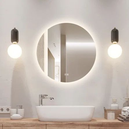 Orren Ellis Led Round Bathroom Mirror With Lights, Smart Dimmable Vanity Mirrors For Wall, Anti-Fog Backlit Lighted Makeup Mirror | Wayfair Bathroom Mirror With Lights, Round Bathroom Mirror, Lighted Makeup Mirror, Round Bathroom, Backlit Mirror, Mirror Metal, Makeup Vanity Mirror, Illuminated Mirrors, Bathroom Mirror Lights