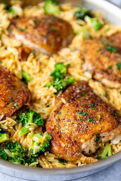 Chicken Thigh Broccoli Recipe, Chicken Thighs And Orzo, Broccoli Cheddar Orzo, Cheddar Orzo, Boursin Chicken, Cheesy Orzo, Skillet Chicken Thighs, Bowls Recipes, Crispy Chicken Thighs