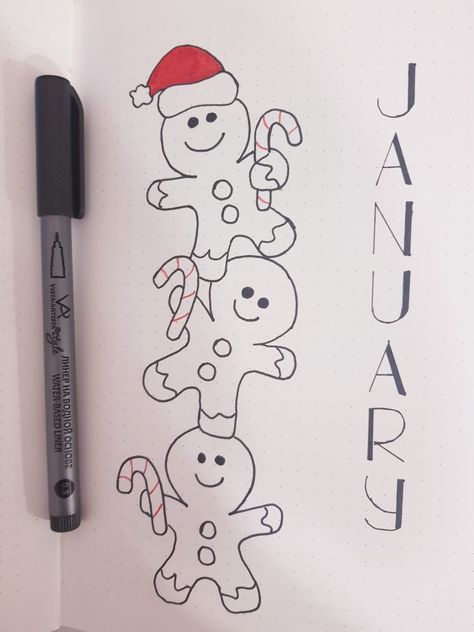 January Drawings Ideas, Winter Bucket List Bullet Journal, Christmas Bullet Journal Pages, Planer January, December Bullet Journal Cover Ideas, January Aesthetic Drawing, Bullet Journal Decembre, Christmas Drawing Ideas Easy Doodles, January Journal Cover