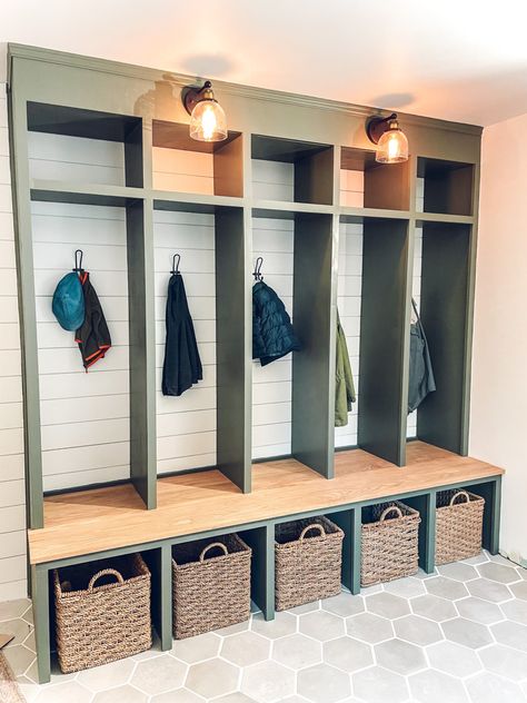 Modern Farmhouse Mudroom Storage, Hall Tree Laundry Room, Entryway With Cubbies, Entry Hall Mudroom, Laundry Room Hall Tree, Built In Tree Hall, Cubbies By Front Door, Hall Tree Locker, Garage Tree Hall