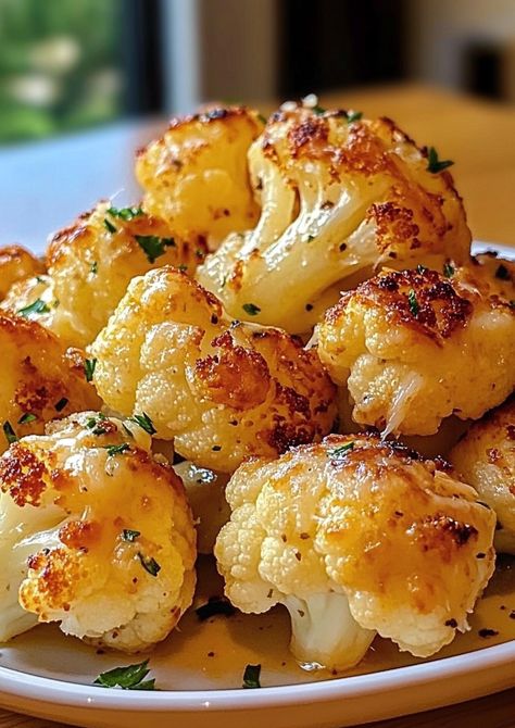 Cheesy Garlic Parmesan Cauliflower – a quick, cheesy, roasted side dish full of flavor! Perfect for any meal. Try it today! Garlic Parmesan Cauliflower, Roasted Side Dishes, Cheesy Broccoli Casserole, Parmesan Cauliflower, Buffalo Cauliflower Bites, Cauliflower Dishes, Cheesy Cauliflower, Cauliflower Recipe, Head Of Cauliflower