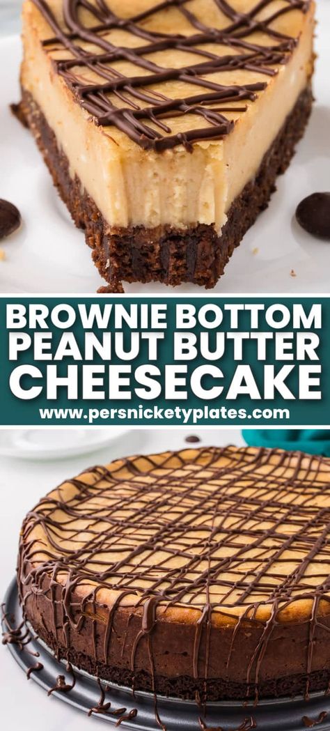 Brownie Bottom Peanut Butter Cheesecake - a layer of brownie topped with a creamy peanut butter cheesecake and drizzled with chocolate. A chocolate peanut butter lovers dream! Brownie Peanut Butter Cheesecake, Peanut Butter Cheesecake Brownie Bars, Peanut Butter Pretzel Cheesecake, Homemade Peanut Butter Cheesecake, Brownie Peanut Butter Pie, Chocolate Peanut Butter Cheesecake Recipes, Peanut Butter Cheesecake Cake, Peanut Butter Topping For Cheesecake, Chocolate Drizzle For Cheesecake