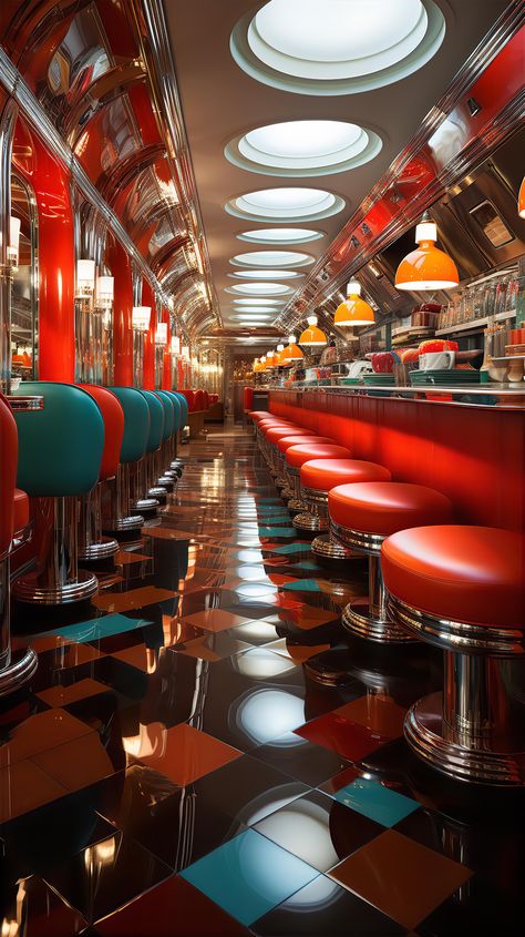 Vintage Camper Aesthetic, Retro Diner Interior, American Diner Interior, Diner Interior Design, American Diner Aesthetic, Vintage Diner Aesthetic, Retro Diner Aesthetic, Neon Diner, Diner Counter