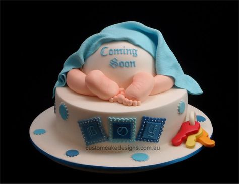 This baby bottom cake was made for an upcoming baby shower for a lucky lady expecting a little boy “Coming Soon”. The cake design is based on a mixture of the many, many baby bottom cakes out there Baby Bottom Cake, Fondant Designs, Bump Cake, Baby Bump Cakes, Baby Shower Cakes Neutral, Baby Shower Cake Decorations, Dessert Art, Cupcakes For Boys, Christening Cakes