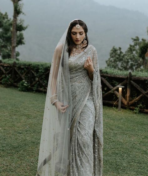 Take a deep breath, because Pari's engagement look will steal yours away! From the breathtaking saree to the enchanting veil and dazzling… | Instagram Reception Saree Look, Engagement Saree Look, Engagement Dress For Bride Indian, Bridal Lehenga Wedding, Engagement Looks, Engagement Saree, Engagement Look, Reception Saree, Sabyasachi Bride