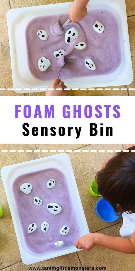 Spooky Halloween Bubble Foam, Ghost Art Toddlers, Halloween Sensory Bins For Preschool, Halloween Bat Activities For Preschool, Halloween Messy Play Toddlers, Halloween Day Activities For Toddlers, Halloween Toddlers Activity, Reggio Emilia Halloween Activities, Ghost Activity Preschool