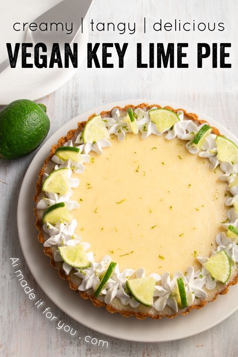 This vegan key lime pie is so creamy and tangy! With a crunchy graham cracker crust on the bottom and topped with rich coconut whipped cream, this plant-based dessert won’t have you missing the traditional key lime pie!  #vegandessert #vegankeylimepie #keylimepie #nobakedessert #nobakepie #plantbaseddessert Vegan Summer Desserts, Vegan Key Lime Pie, Vegan Key Lime, Vegan Pies Recipes, Key Lime Pie Easy, Keylime Pie Recipe, Whoopie Pie, Mince Pie, Vegan Pie