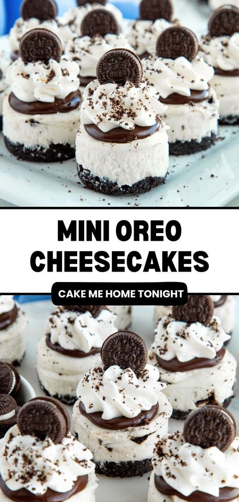 Mini Oreo cheesecakes are an easy no bake cheesecake recipe made with an Oreo crust, cookies and cream cheesecake filling, chocolate ganache, and whipped cream. Freeze Cheesecake, Chocolate Ganache Whipped, Oreo Cheesecake Cups, Oreo Cheesecake Cake, Freeze Cheese, Oreo Cheesecake Cupcakes, Mini No Bake Cheesecake, Oreo Cheesecake Bites, Mini Oreo Cheesecake