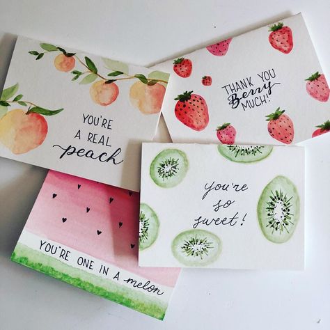 Thank you cards with a summer vibe. 🍓🍑🍉🥝 Just a sucker for a fruity pun . . . #thankyounotes #handmadecards #diy #craftyshrew #watercolour… Creative Homemade Cards, Watercolour Painting Cards, Thank You Gifts Diy, Thank You Note Ideas, Just Because Cards Diy, Diy Card Ideas Creative, Thank You Diy Cards, Watercolour Thank You Cards, Watercolour Crafts