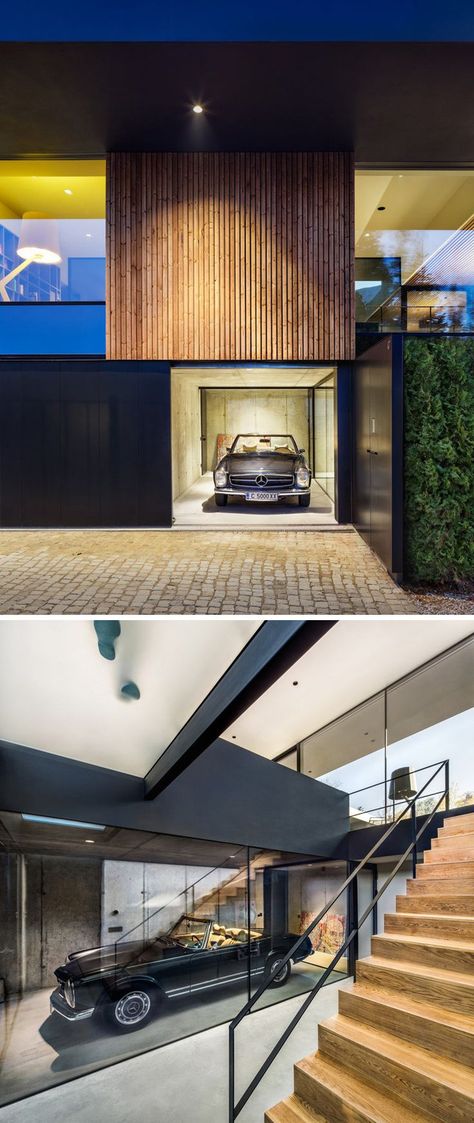 At the side of this home, is a single car garage. The garage is more like a showcase of the home owner’s car, clearly visible through the glass windows. Single Car Garage Ideas, Mansion Garage, Craftsman Style Kitchens, Single Car Garage, Mansion Bedroom, Underground Garage, Mansion Floor Plan, Modern Garage, Garage Interior