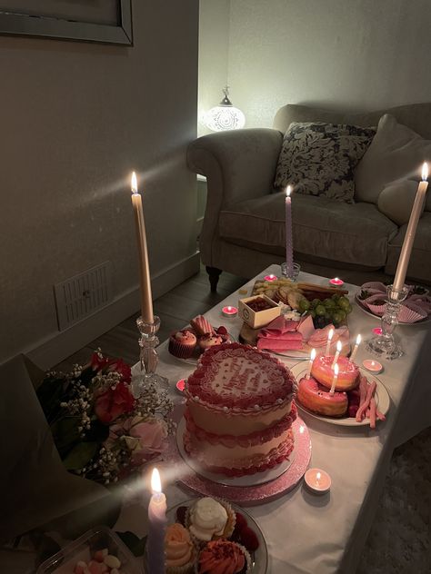 Birthday Table Food Ideas, Birthday Ideas Aesthetic At Home, Birthday Ideas With Family, Small Birthday Table Setup, 56 Birthday Party Ideas For Women, Girls Night In Birthday Party Ideas, Birthday Party Asthetics, Cute Birthday Candles, Birthday Night In