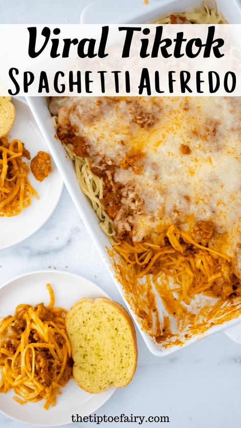 Best Spaghetti Recipe With Alfredo, Tick Tick Pasta, Baked Spaghetti Alfredo Recipe, Creamy Baked Spaghetti Recipe, Things To Do With Spaghetti Noodles, Spaghetti Noodle Casserole, Til Tom Spaghetti, Easy Meals With Spaghetti Noodles, Spaghetti And Alfredo Pasta