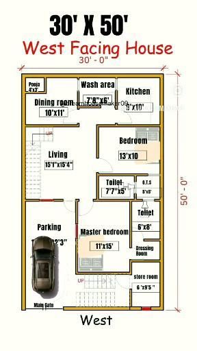 30x50 Elevation Design, West Facing House Plans Vastu 30*50, 30×50 House Plan, West Facing House Plans Vastu, West Facing House Elevation G+1, 30 50 House Plans, Car Parking Design Home, House With Car Parking, 2bhk Plan