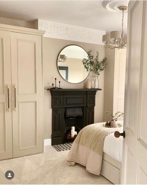 Ammonite Bedroom, Oxford Stone Farrow And Ball, Terrace Bedroom Ideas, Victorian Terrace Bedroom, Modern Victorian Bedroom Ideas, Modern Victorian Bedroom, Farrow And Ball Bedroom, Georgian Fireplaces, Bedroom Built In Wardrobe