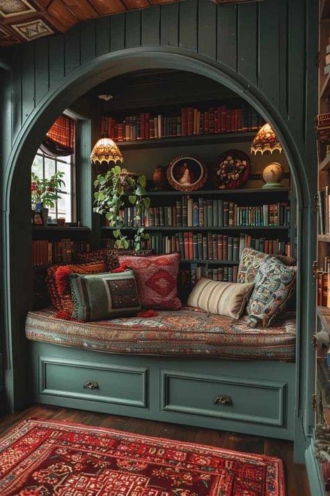 Sunroom Library Cozy, Creating Library At Home, Green And Gold Library Room, Tolkien Inspired Home, Pretty Home Library, Home Green Decor, Book Garden Decor, Small At Home Library, Forest Green Library