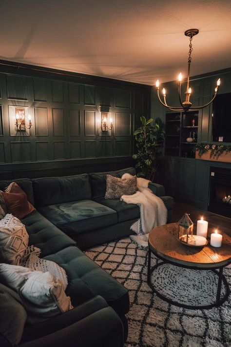 Moody Living Room Tv Wall, House Design Moody, Cozy Apartment Aesthetic Living Room Dark, Dark Colonial Living Room, Thrifted Moody Decor, Moody Den Colors, Finished Basement Game Room Ideas, Cosy Dark Living Room Ideas, Dark Cozy Living Room Aesthetic