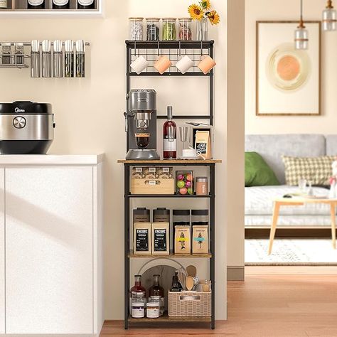 5 Tier Coffee Bar Station, Coffee Stand Station with 4 S-Shaped Hooks, Farmhouse Corner Coffee Bar Cabinet for Small Spaces, Bakers Rack for Kitchen, Entryway, Living Room, 13.43"D x 18.93"W x 53.31"H Farmhouse Corner Cabinet, Corner Coffee Bar, Corner Coffee, Coffee Cabinet, Coffee Bar Cabinet, Coffee Bar Station, Coffee Stand, Microwave Stand, Bakers Rack