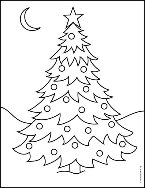 Simple Christmas Tree Drawing, Christmas Tree Drawing Easy, Tree Drawing For Kids, Draw A Christmas Tree, Christmas Tree Sketch, Christmas Journaling, Christmas Tree Outline, Christmas Tree Coloring, Christmas Tree Tutorial