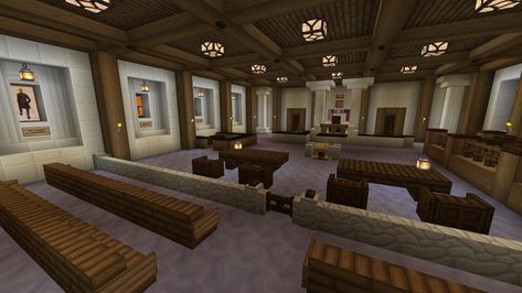 A friend and I built a Texas courtroom in survival Minecraft Courthouse Interior, Minecraft Court House Ideas, Courthouse Minecraft Build, Minecraft Courthouse Ideas, Minecraft Courtroom, Minecraft Court House, Mansion Room Ideas, Trophy Room Minecraft, Courthouse Minecraft