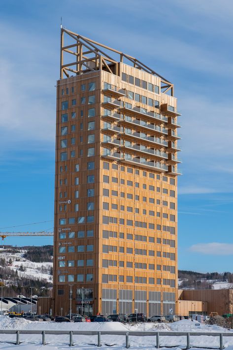 Voll Arkitekter's Mjøstårne in Norway becomes world's tallest timber building Wooden Skyscraper, Zero Energy Building, Timber Frame Building, Urban Habitat, Timber Buildings, Sustainable City, Wood Building, Timber Beams, Wooden Buildings