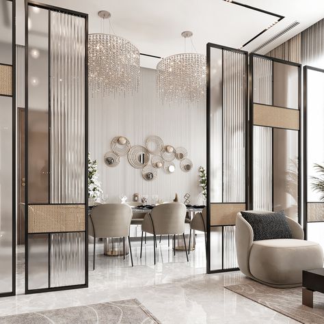 Luxury Majlis on Behance Partion Glass Designs, Glass Partion Design Interiors, Partition Between Living And Dining Modern Luxury, Glass Partition Wall Living Room, Partition Designs Modern, Partions Design Interiors, Modern Luxury Partition Design, Luxury Partition Design, Interior Partition Design