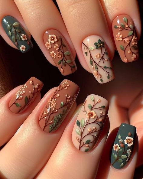 Gorgeous Floral Nail Art Ideas You NEED This Summer Boho Nails Coffin, Engagement Nails Floral, Forest Themed Nails, Forest Wedding Nails, Green And Brown Nail Designs, Earthy Nail Ideas, Forest Theme Nails, Flower Nails Natural, Green Vine Nails