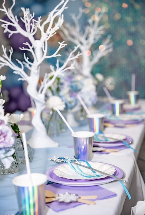 For the first time in forever Mae turns 4! | CatchMyParty.com 4 Frozen Birthday, Frozen Five Birthday, Snow Fairy Birthday Party, Frozen Birthday Diy Decoration, Classy Elsa Party, Frozen Theme Tea Party, Frozen Enchanted Forest Party, Purple Frozen Birthday Party, Frozen Elsa Birthday Party Ideas