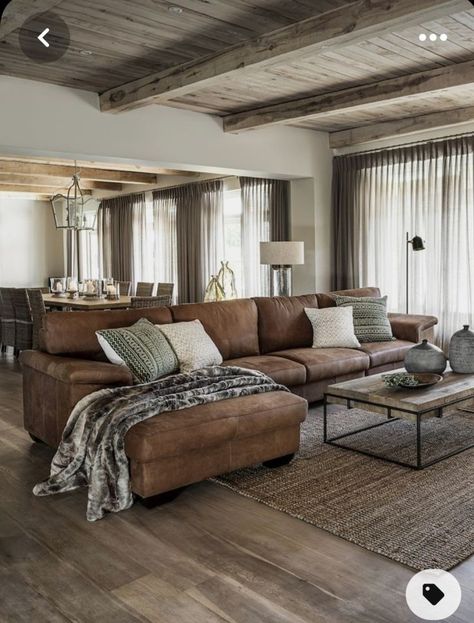 Large Leather Couch Living Room, Lounge Room Ideas Leather Couch, Modern Farmhouse Brown Couch, Cozy Living Rooms Gray Floor, Big Leather Couch Living Room, Leather Couch Modern Farmhouse, Couch With Cover Living Rooms, Living Room Couch Ideas Farmhouse, Rustic Living Room Couch Ideas