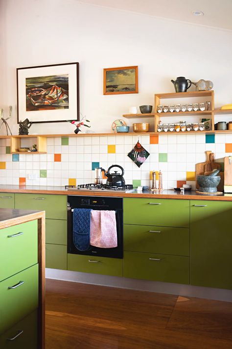 Shrug Emoji, Colorful Plates, Australia House, 달력 디자인, Mid Century Kitchen, Kitchen Photos, Green Kitchen, Own Home, Kitchen Tiles