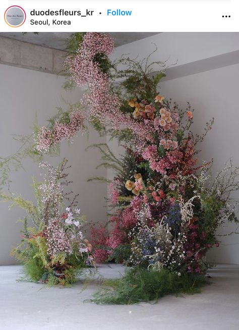 Fall Wedding Arch Ideas Indoor, Over The Top Wedding Flowers, Flower On The Wall, Floral Entryway Wedding, Modern Easter Backdrop, Wildflower Floor Arrangement, Mid Atlantic Folklore Wedding, Flowers By Ford, Meadow Style Wedding Flowers