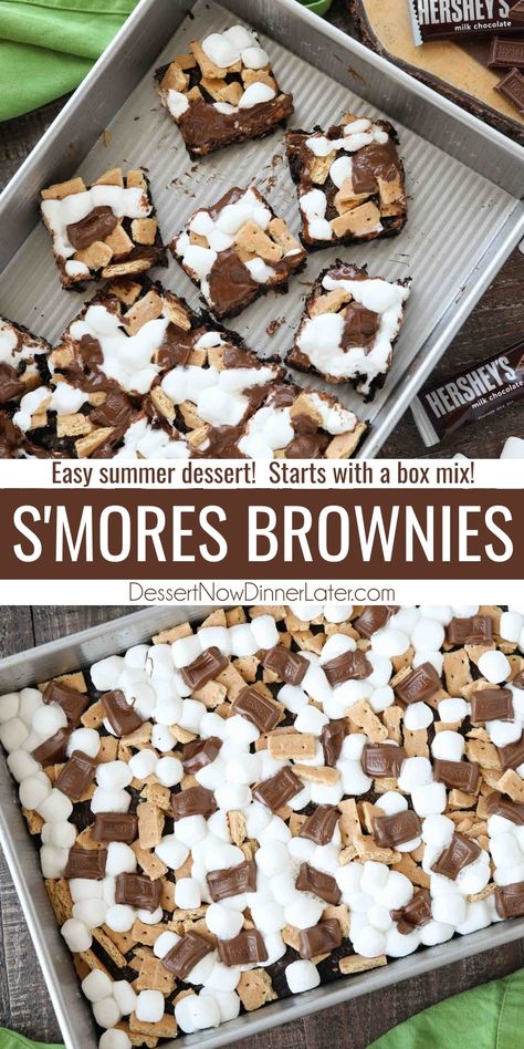 S'mores Brownies takes your favorite boxed mix up a notch with graham crackers, mini marshmallows, and Hershey's chocolate bar pieces. Easy to make and loved by all! S’mores Boxed Brownies, Dessert Recipes With Brownies, What To Bake At A Sleepover, S’mores Poke Brownies, Brownie Smores Bars, Hershey Bar Dessert, S’mores Brownies Easy, Smore Brownies With Box Brownies, Easy Smores Brownies