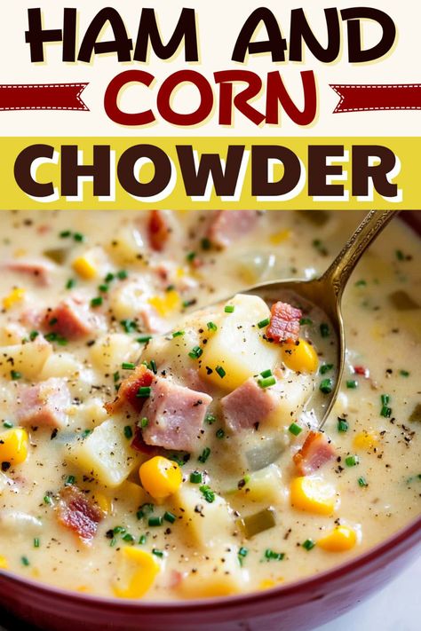 This easy ham and corn chowder is hearty, creamy, and delicious! With tender chunks of ham, potatoes, celery, onion, and sweet corn, it's a true delight. Ham And Bacon Soup, Ham And Cheddar Chowder, Potato Ham Corn Chowder Crock Pot, Ham And Corn Chowder Soup Crock Pot, Crockpot Corn And Potato Chowder, Ham Potato Corn Chowder Slow Cooker, Crock Pot Ham Soup, Ham Corn Chowder Crockpot, Corn Chowder Recipe With Ham