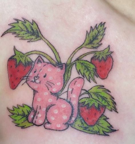 Strawberry Shortcake Tattoo, Strawberry Cat, Dinosaur Tattoos, Cute Little Tattoos, Cute Tiny Tattoos, Aesthetic Tattoo, Dream Tattoos, Little Tattoos, Simplistic Tattoos