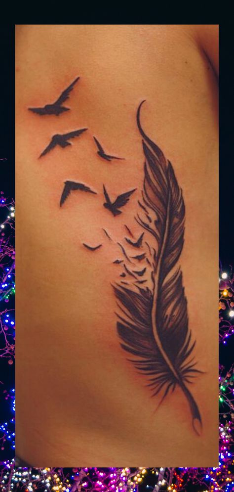 Simple And Beautiful Feather Tattoo Design | Feather Bird Tattoo | Tattoo Ideas Feather. 3 Feather Tattoo Ideas, Feather Breaking Into Birds Tattoo, Feathers Falling Tattoo, Feather With Names Tattoo Ideas, Feather To Bird Tattoo, Mum Feather Tattoo, Feather And Bird Tattoo Design, Feather Tattoos Hand, Feather On Hand Tattoo