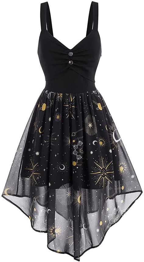 AmazonSmile: FEAPHY Women's Vintage Chiffon Sun Moon Star Sleeveless A-Line High Low Dress (Galaxy-Purple, L) : Clothing, Shoes & Jewelry Galaxy Dress, Moon Dress, Star Clothing, Star Dress, Moon Star, Really Cute Outfits, Edgy Outfits, Sun Moon, Look Cool