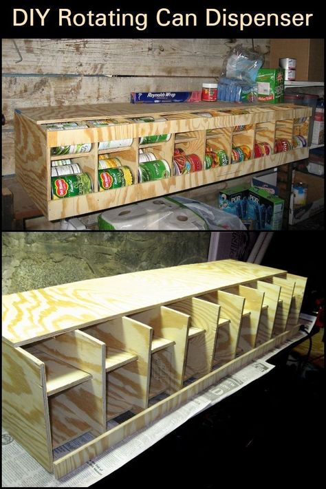 Canned Good Storage, Food Shelf, Can Dispenser, Canned Food Storage, Wood Utensils, Can Storage, Bulk Food, Diy Cans, Can Organizer