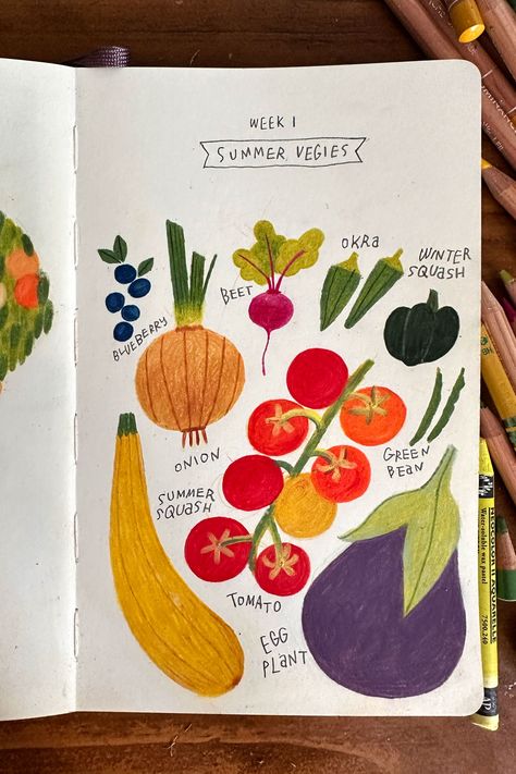 Sketchbook Illustration Inspiration, How To Draw Vegetables, Food Drawing Tutorial, August Illustration, Food Sketchbook, Summer Drawing Ideas, Fruit Drawings, Summer Sketchbook, Journal Painting