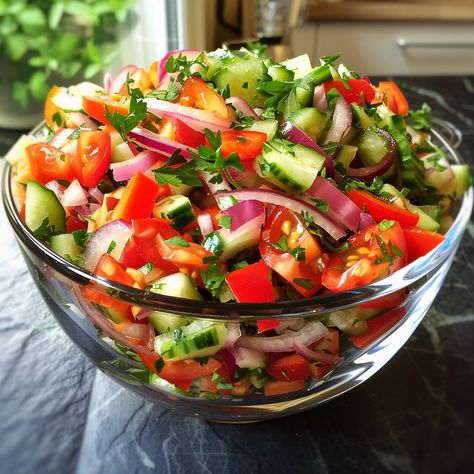 Vibrant Mediterranean Salad: A Burst of Freshness Brighten your table with this Vibrant Mediterranean Salad! 🥗🌿🍅 Packed with fresh vegetables and herbs, it’s the perfect light and refreshing dish for any occasion. Try it out and bring a burst of freshness to your meal! Ingredients 1 cup cherry tomatoes, halved 1 cup cucumber, diced 1/2 red bell pepper, diced 1/2 yellow bell pepper, diced 1/4 red onion, thinly sliced 1/4 cup fresh parsley, chopped 1/4 cup fresh mint, chopped 1/4 cup kalamata... Healthy Vegetable Salads, Super Salads Recipes, Meditterean Salad, Pretty Salads, Mediterranean Salad Recipe, Fresh Meal, Mixed Salad, Yellow Bell Pepper, Perfect Salad