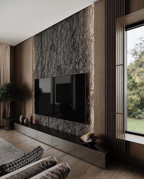 Modern Tv Room, Stone Wall Design, Tv Unit Interior Design, Tv Wall Design, Renovation Design, Home Design Living Room, House Architecture Design, Home Room Design, Front Room