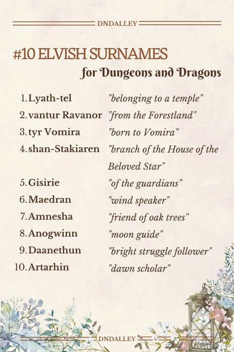 Dnd Character Name Ideas, Flower Names With Meaning, Dnd Last Names, Elven Names Female List, Elvish Names Girl, Elf Last Names, Elf Names Dnd, Druid Names, Wood Elf Names