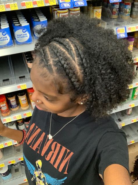 Cornrow Braid Out Natural Hair, Braids Into Natural Hair, 4 Braids In The Front With Hair Down, Braid Afro Hairstyles, 2 Braids With Puff Natural Hair, Natural Hair Styles Twist Out, Hair Styles Natural Hair Black 4c, Hair Styles Braids Natural, Natrul Hairstyle For Black Women Braids