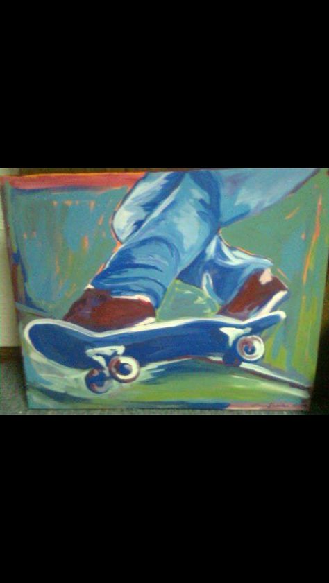 Acrylic painting. Skateboard. 16x20 canvas. By Cheryl Lackie Skateboarding Painting Canvas, Skateboard Canvas Painting, Skater Painting Ideas On Canvas, Skateboard Painting Ideas Canvas, Canvas Painting Ideas For Guys, Skate Painting, Skateboard Painting, Trippy Paintings, Painted Skateboard