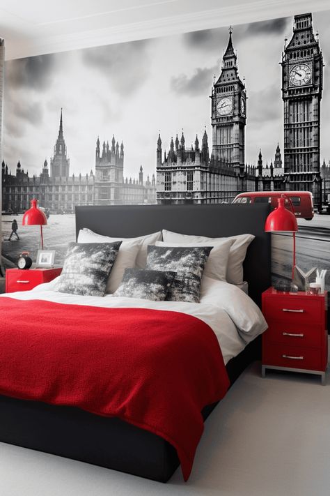 Millions of tourists flock to London every year, but have you ever considered bringing a bit Great Britain into your home? With so many wall stickers, bedding designs, and accessories available online, it’s never been easier to customize your home décor with oh-so-British pomp & circumstance. Sure,… London Inspired Bedroom, Textured Brick Wallpaper, London Bedroom, British Decor, Stylish Bedroom Decor, London Theme, Room London, Creative Bedroom, Bedroom Decor Inspiration