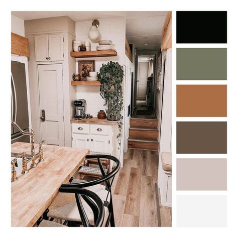 Revamp your mobile home with these 21 color palettes for your camper trailer renovation. Get inspired by beautiful camper trailer color schemes that will elevate your space and make your travels even more enjoyable. #myweeabode #rvrenovation #traveltrailer #tinyhome Camper Renovation Color Schemes, Rv Outside Paint Ideas, Diy Pop Up Camper Remodel Color Schemes, Renovated Camper Ideas, Tiny House Color Scheme Interiors, Small Trailer Renovation, Boho Mobile Home, Rv Interior Remodel Color Schemes, Camper Color Scheme