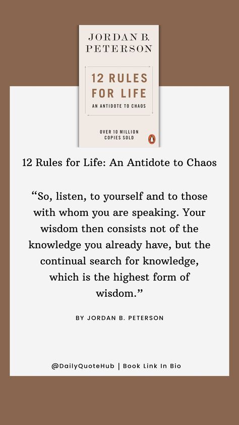 12 Rules for Life: An Antidote to Chaos by Jordan B. Peterson is a self-help book published in 2018. It offers practical advice through twelve life principles aimed at bringing order to chaos, touching on themes of personal responsibility, discipline, and meaning. #SelfHelp #LifeAdvice #JordanPeterson #PersonalDevelopment #12RulesForLife Jordan Peterson 12 Rules For Life, 12 Rules For Life Jordan Peterson, 12 Rules For Life, Life Principles, Rules For Life, Jordan B Peterson, Jordan B, Personal Responsibility, Jordan Peterson