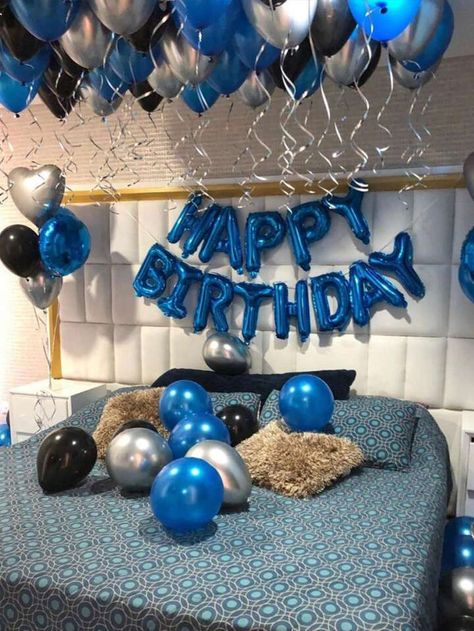 Bed Birthday Decorations For Him, Birthday Decorations For Men Bedroom, Birthday Decoration Ideas At Home For Bf, Birthday Decorations At Home For Men, Ideas Cumpleaños Novio, Room Birthday Surprise For Him Blue, Blue Hotel Decorations For Boyfriend, Blue Birthday Party Decorations, Birthday Decoration Ideas At Home Simple