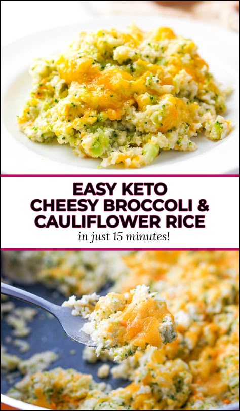 This super easy cheesy broccoli cauliflower rice is a delicious keto side dish that you can make in 15 minutes. It's low carb comfort food with a healthy twist - you use riced broccoli and cauliflower and no rice. Each serving has only 4.6g net carbs per serving and will go with any main dish. Riced Broccoli Recipes Keto, Recipes With Riced Broccoli, Broccoli Cheese Cauliflower Rice, Cauliflower Rice Broccoli Casserole, Cauliflower Rice Broccoli Cheese, Calfower Rice Recipes, Cauliflower Rice With Broccoli, Pesto Cauliflower Rice, Cauliflower Rice And Broccoli Recipes