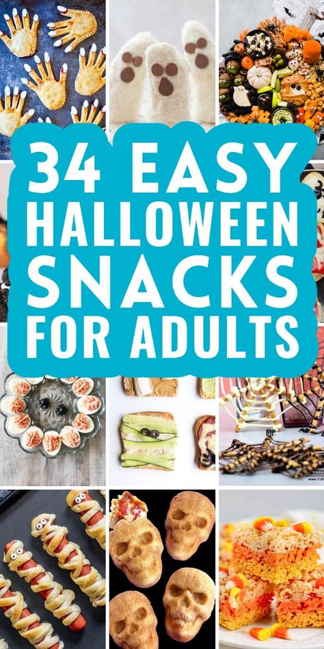 Discover 34 easy Halloween snacks for adults that are perfect for your spooky celebrations! From creative appetizers to wickedly good treats, these Halloween-themed snacks will impress your guests and add a fun twist to your party. Whether you're hosting a haunted gathering or a casual get-together, these recipes are sure to inspire and delight. Click for delicious, easy-to-make Halloween snacks that are perfect for grown-up fun! Halloween Graveyard Snack, Healthy Halloween Snacks For Adults, Halloween Finger Foods Easy, Easy Appetizers Halloween, Halloween Treats Easy Party Snacks, Healthy Party Snacks For Adults Easy, Halloween Snacks For Work Party, Halloween Theme Snacks For Adults, Adult Halloween Snacks For Party